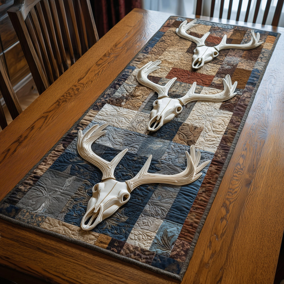 Deer Skulls on Blue Patchwork Table Runner