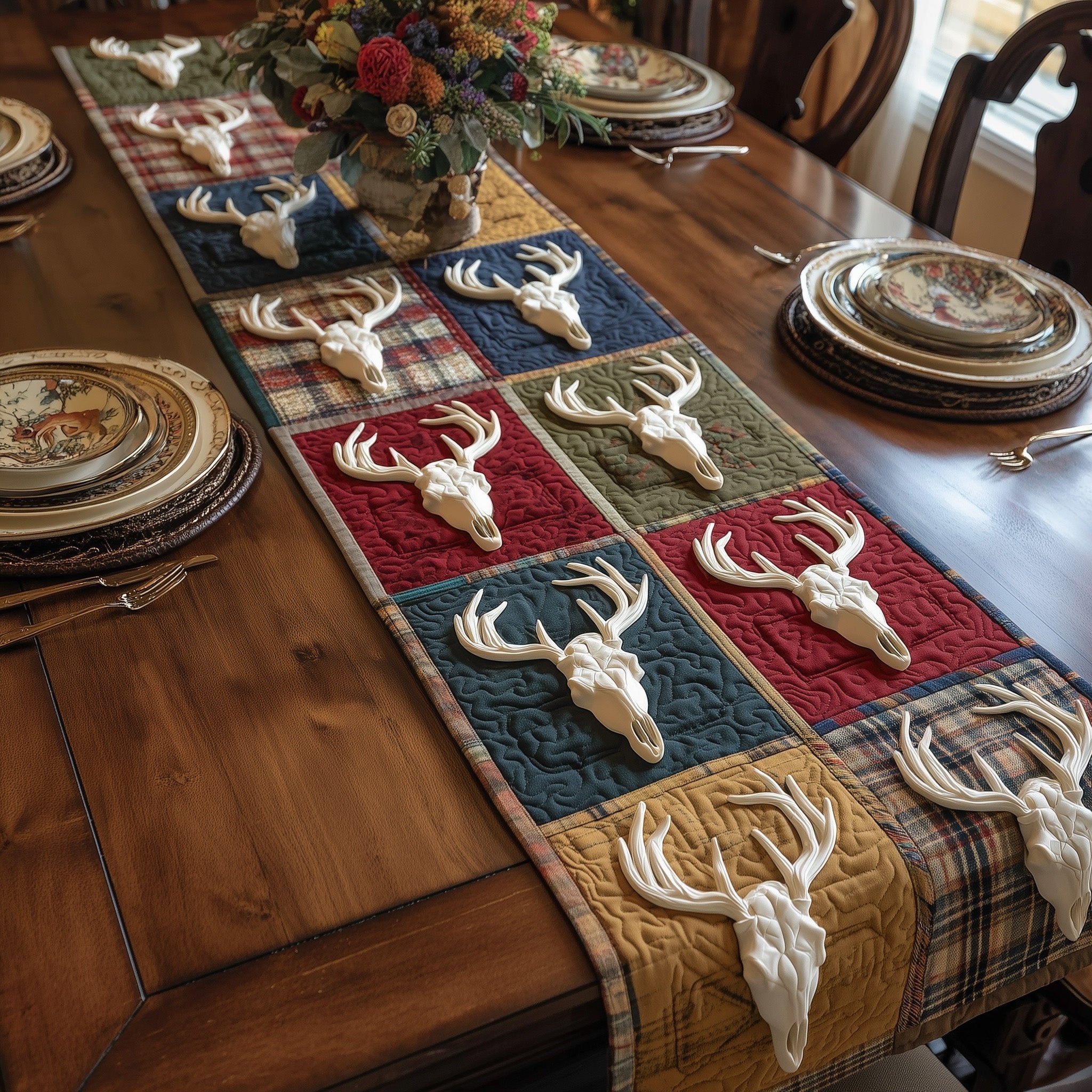 Deer Skulls in Red and Blue Table Runner