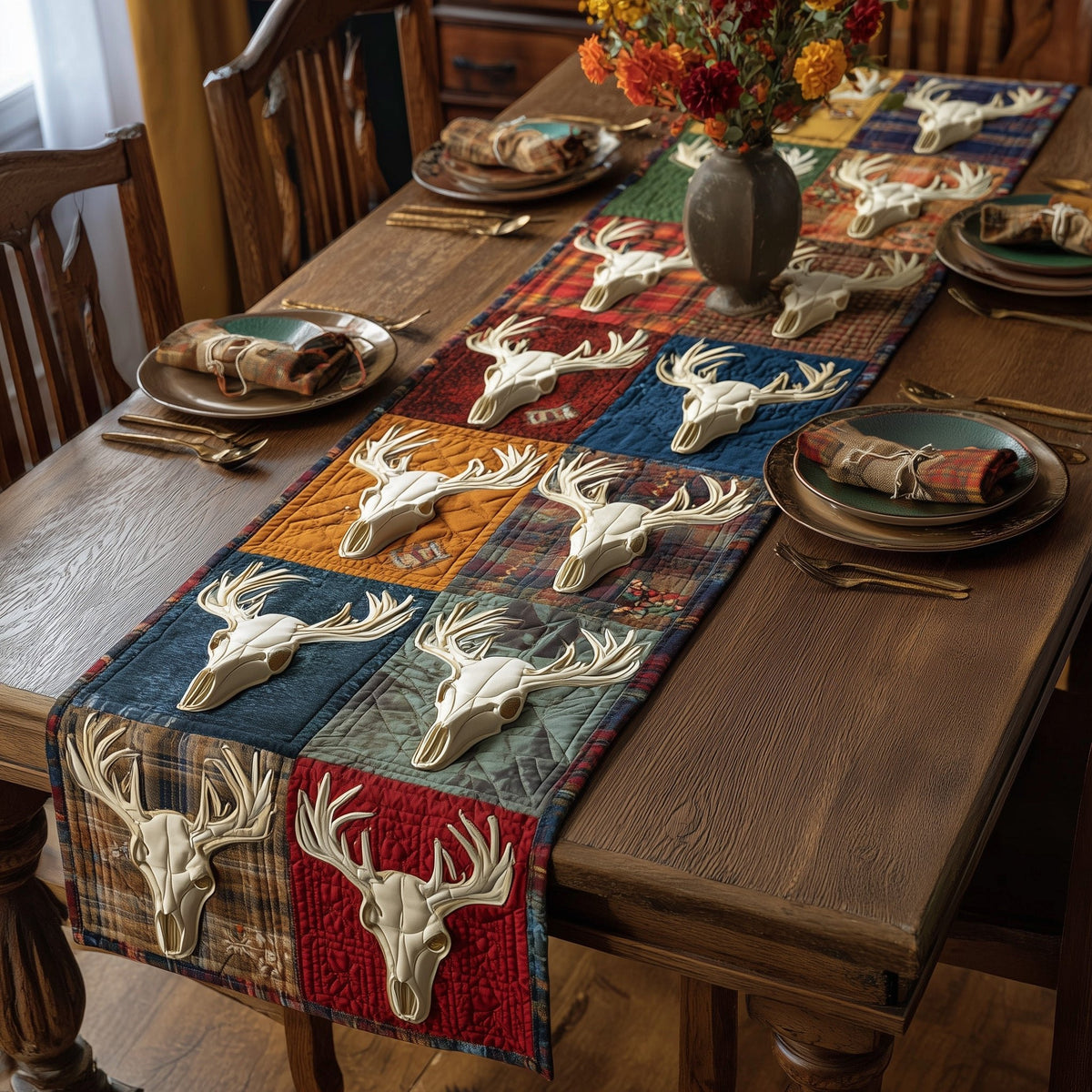 Deer Skulls in Orange and Red Table Runner