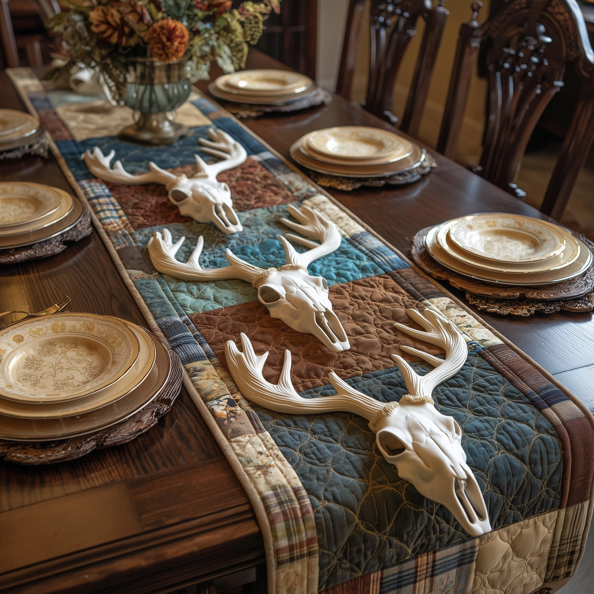 Deer Skulls on Teal Patchwork Table Runner