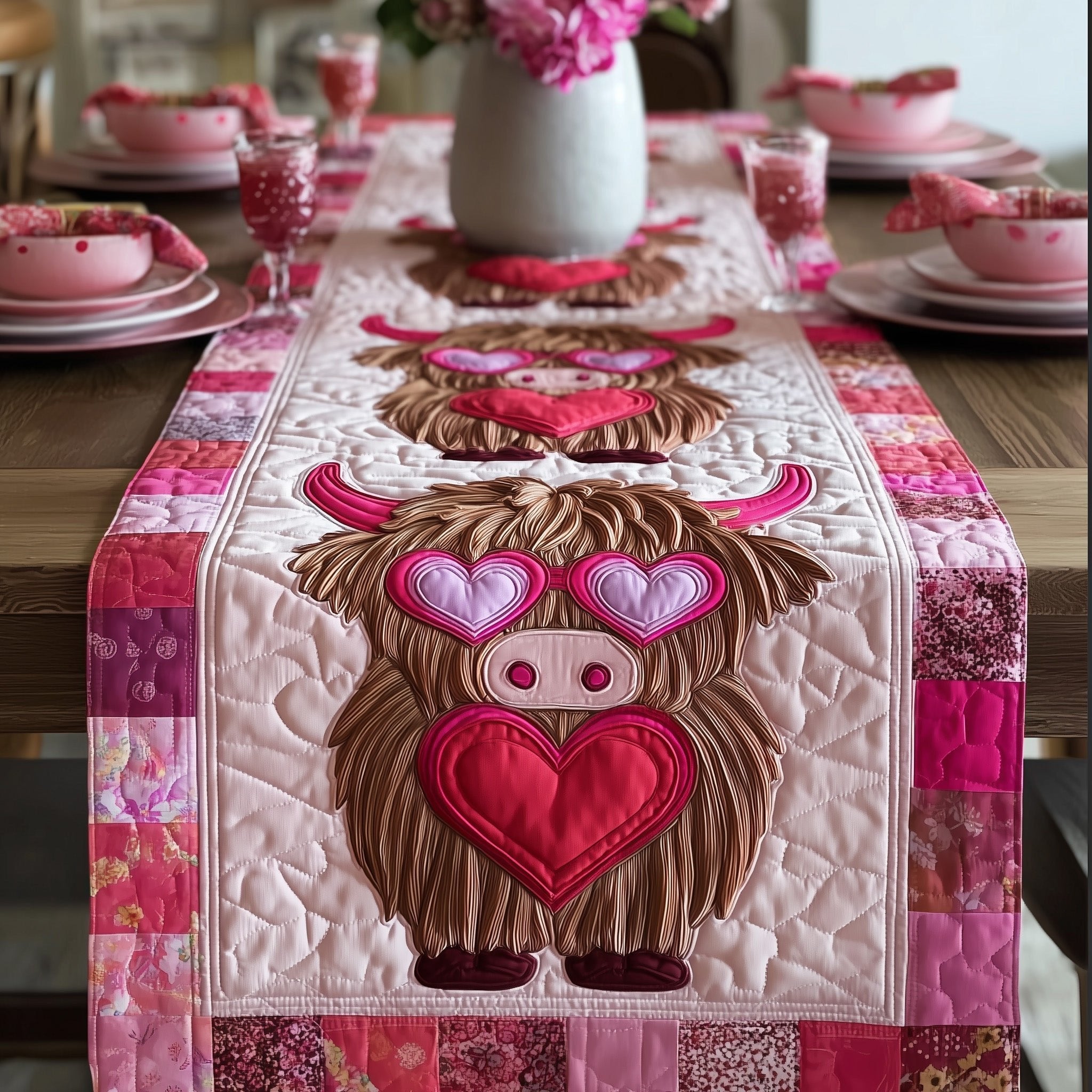 Highland Cow in Heart Sunglasses Table Runner