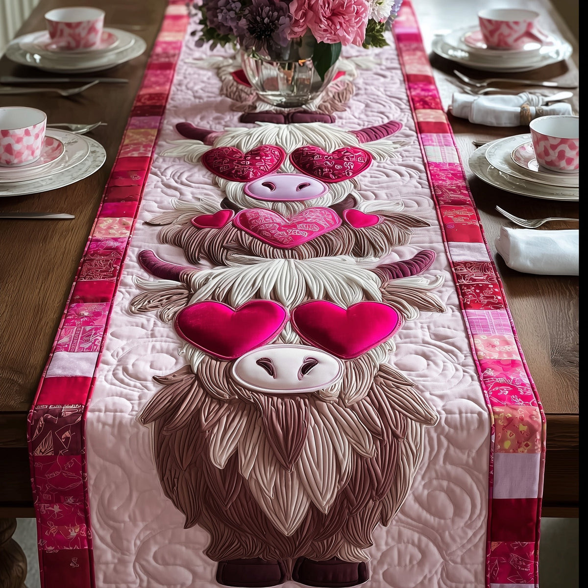 Highland Cows in Pink Heart Glasses Table Runner