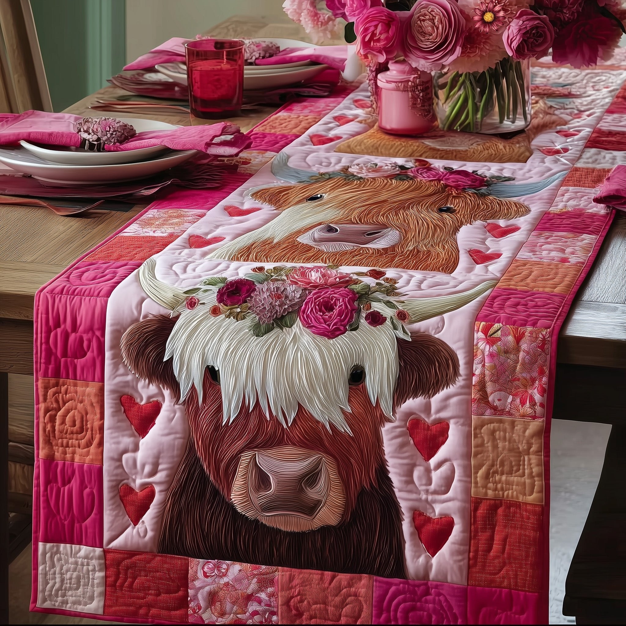 Highland Cow with Pink Blossom Crown Table Runner