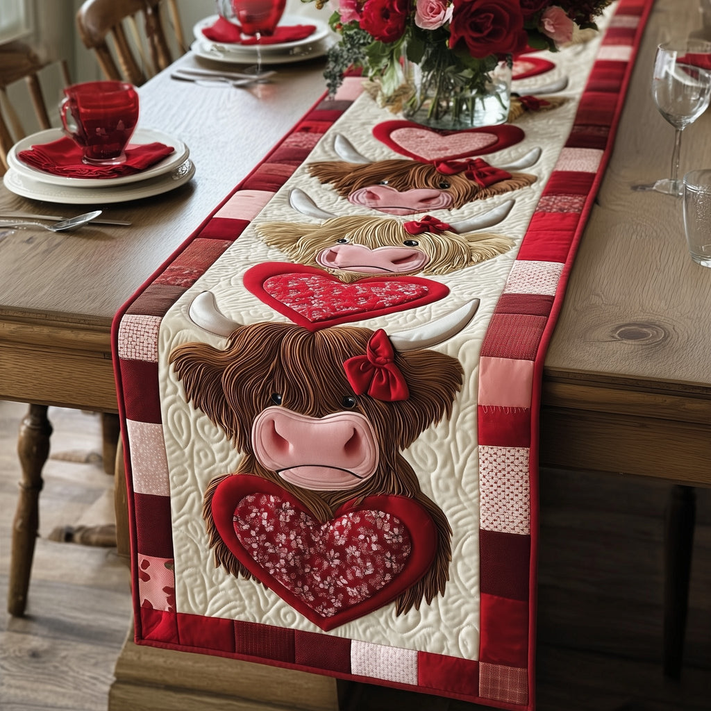 Highland Cow with Red Heart Table Runner