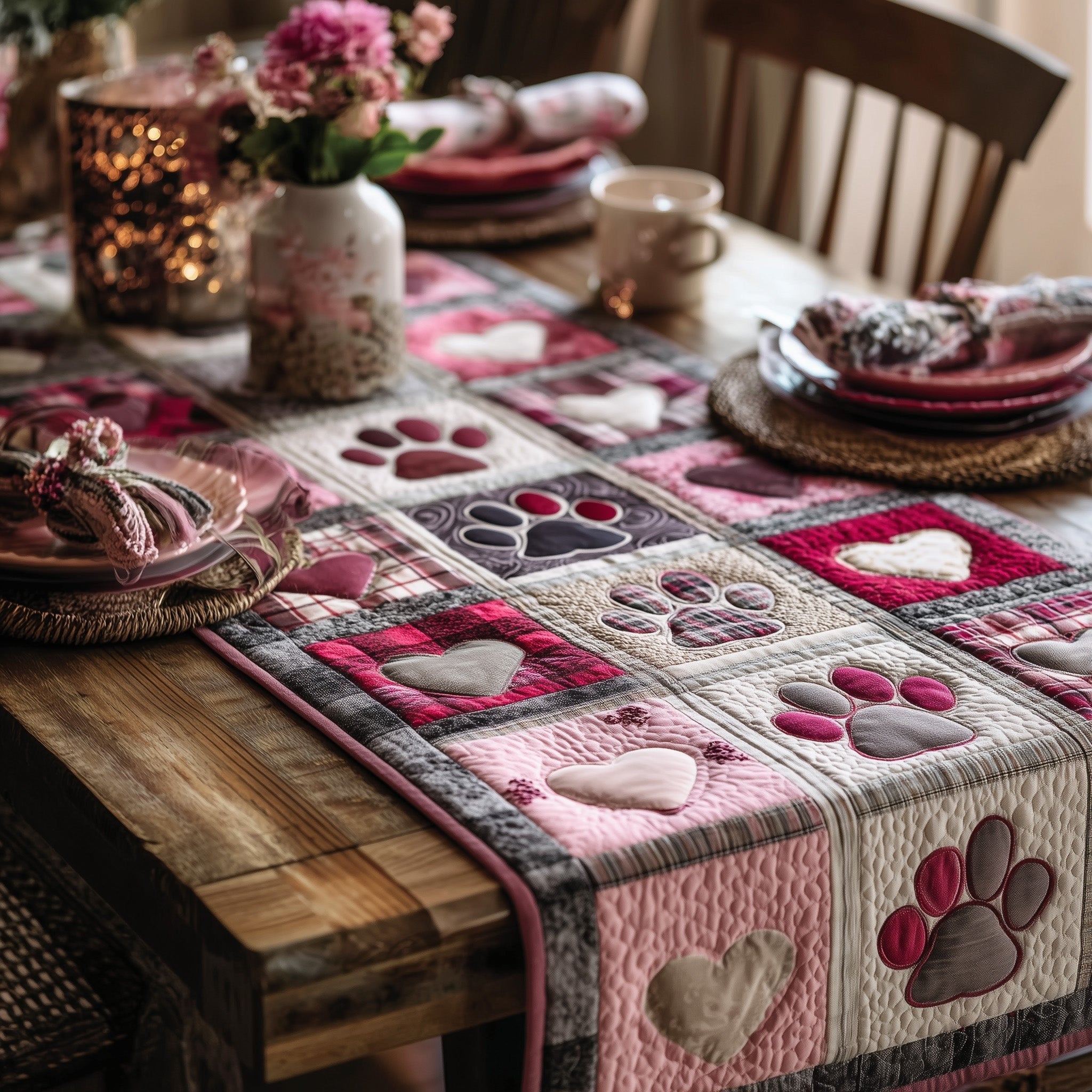 Paw Prints on Pink Patchwork Table Runner