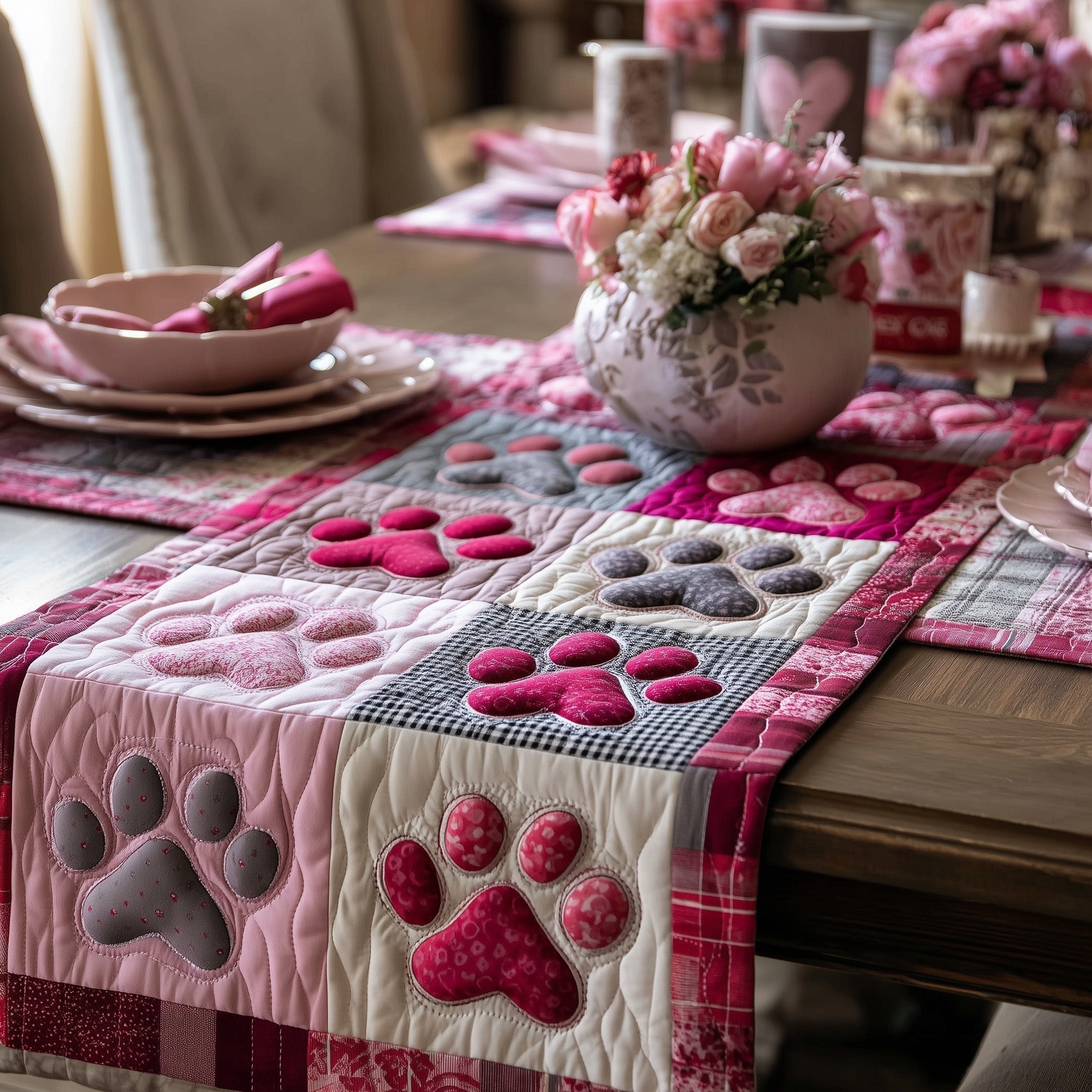 Paw Prints in Pink and Cream Table Runner