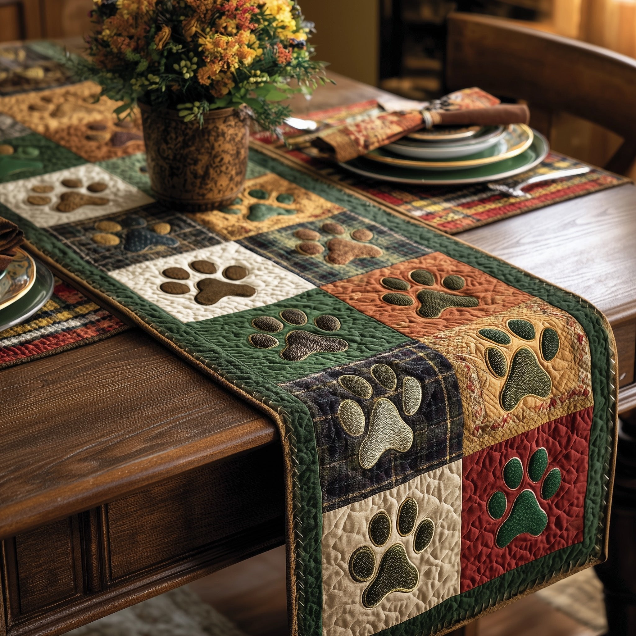Paw Prints in Green and Brown Table Runner