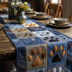 Paw Prints on Blue and Tan Squares Table Runner