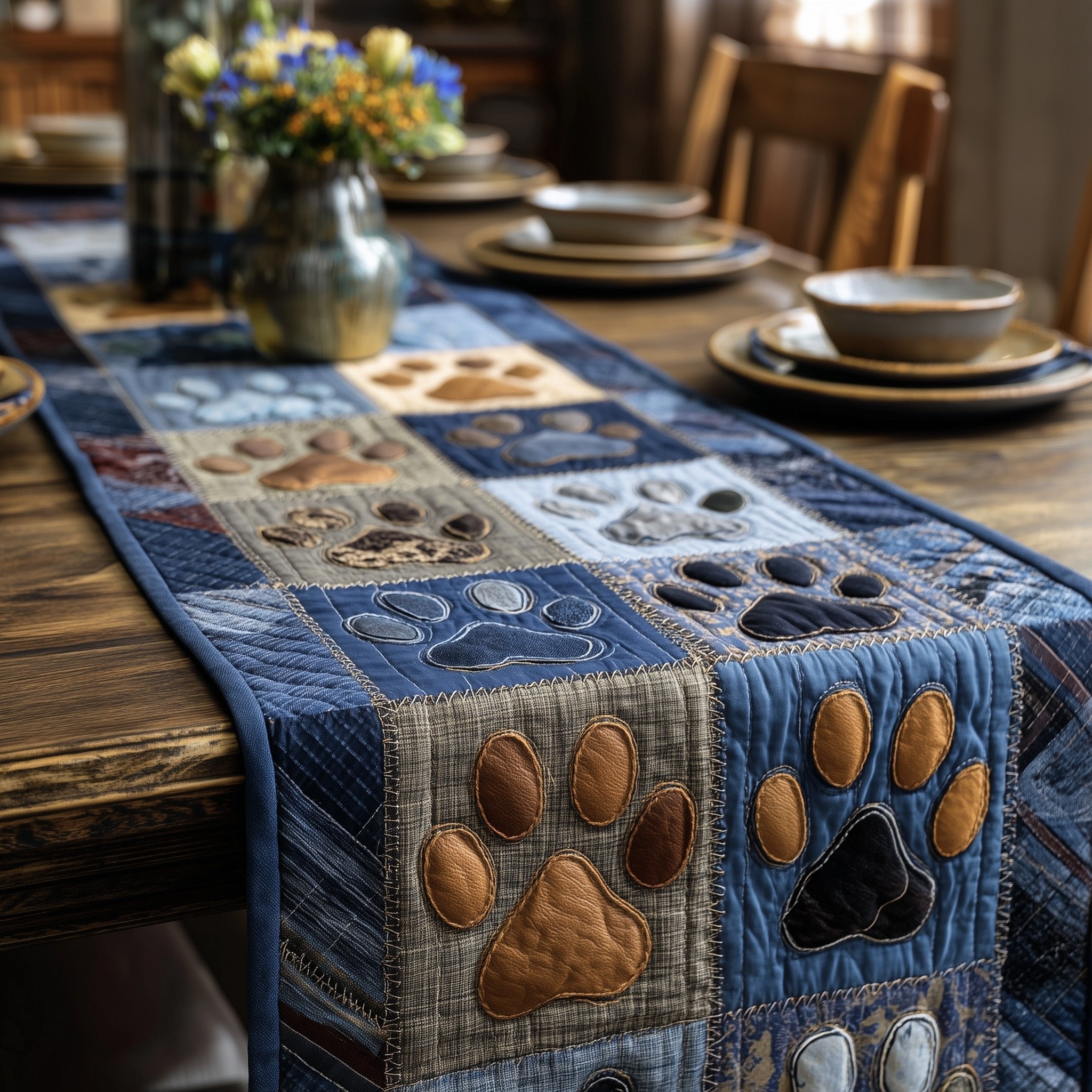 Paw Prints on Blue and Tan Squares Table Runner