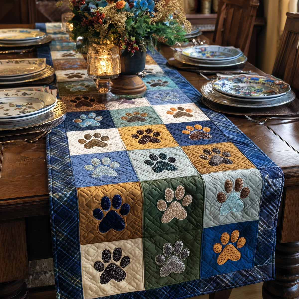 Multicolor Paw Print Squares Table Runner