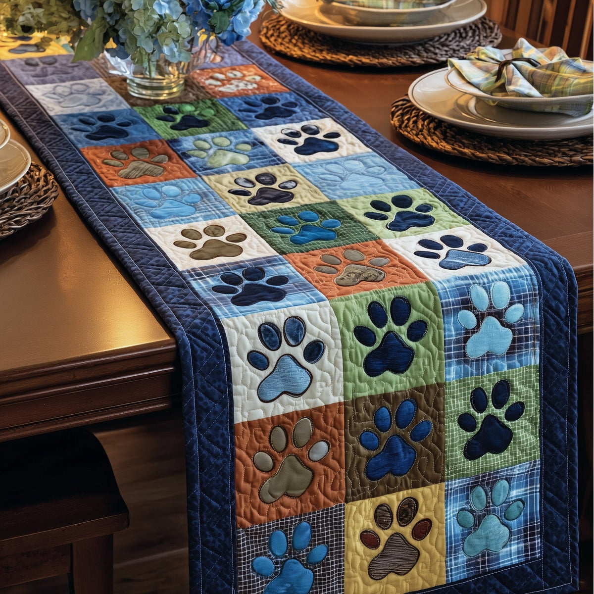Paw Prints in Blue and Orange Table Runner