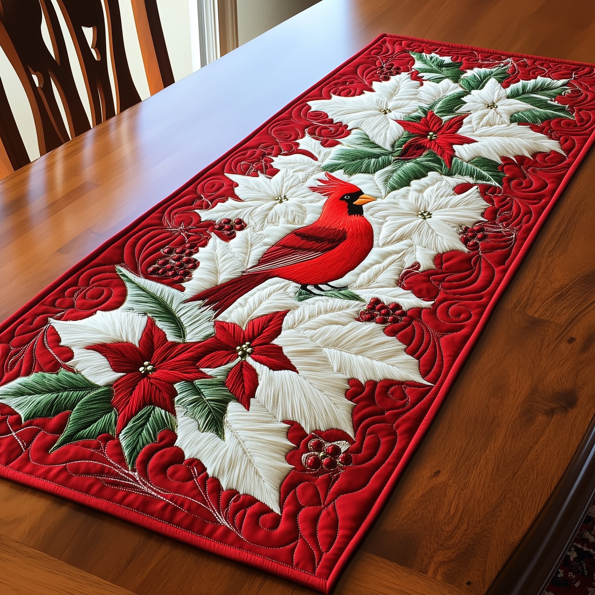 Cardinal Among Red and White Blooms Table Runner