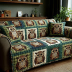 Owls on Green Plaid Patchwork Sofa Cover