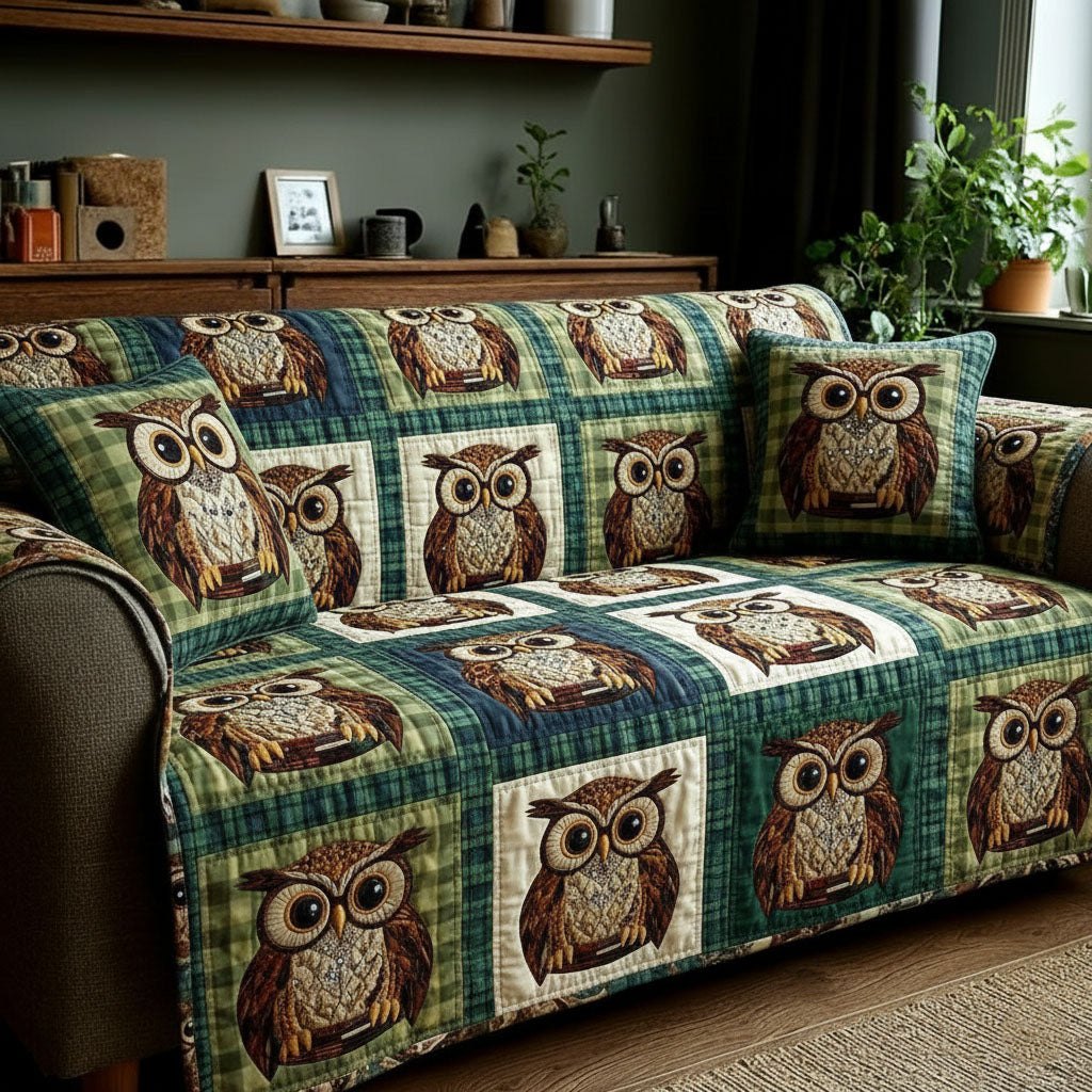 Owls on Green Plaid Patchwork Sofa Cover