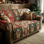 Owls on Red and Green Patchwork Sofa Cover