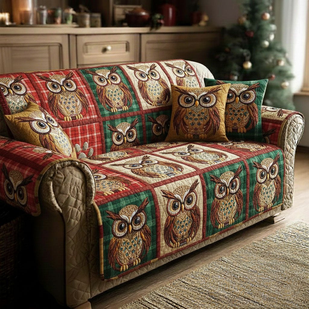 Owls on Red and Green Patchwork Sofa Cover