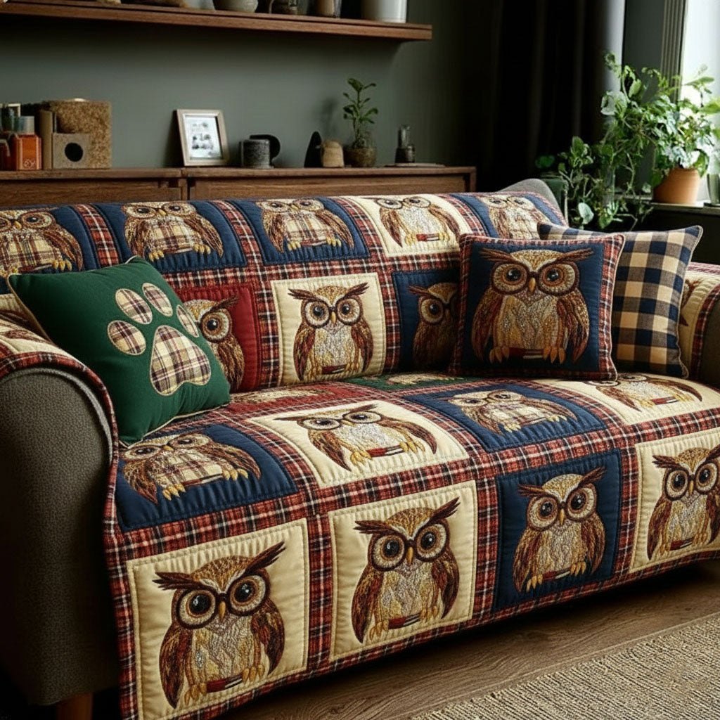 Owls on Navy Plaid Squares Sofa Cover