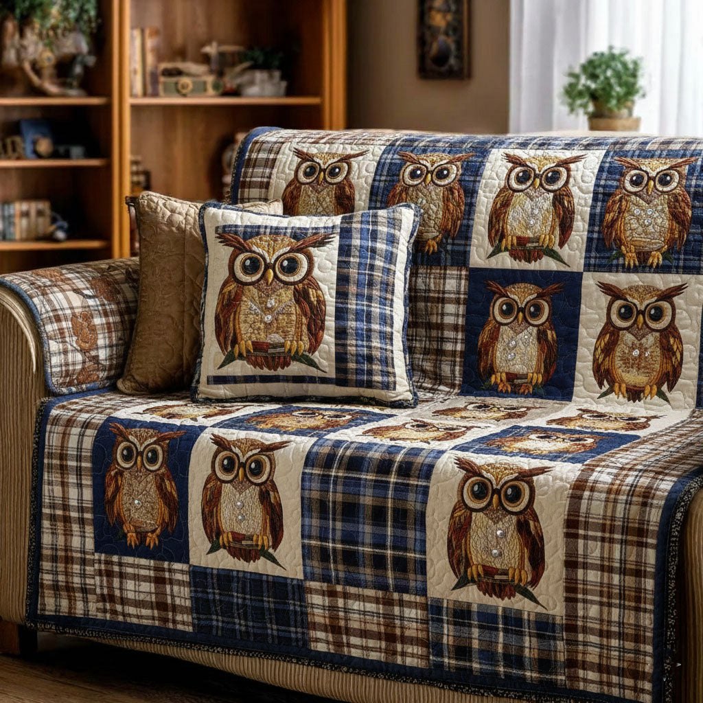 Owls on Blue Plaid Quilt Sofa Cover