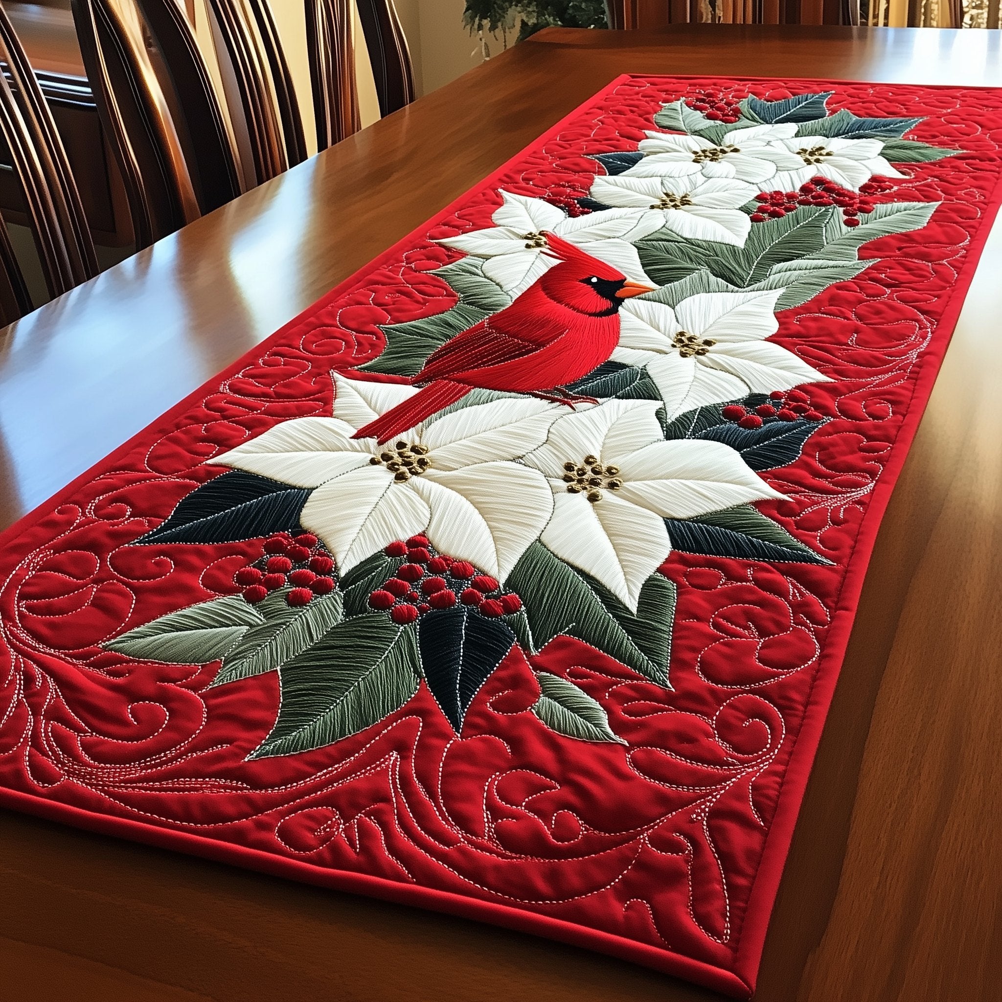 Cardinal with Cream Poinsettia on Red Table Runner