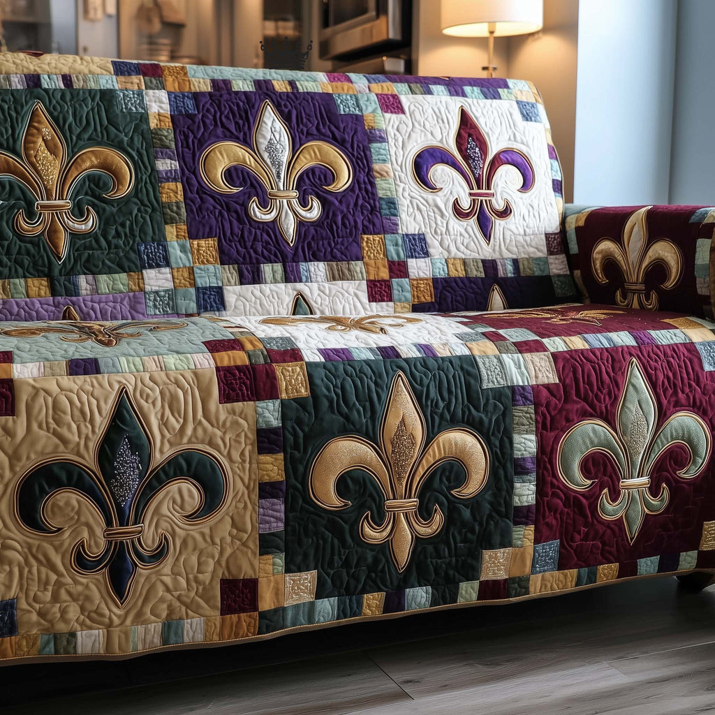 Golden Fleur de Lis on Tan Squares Sofa Cover
