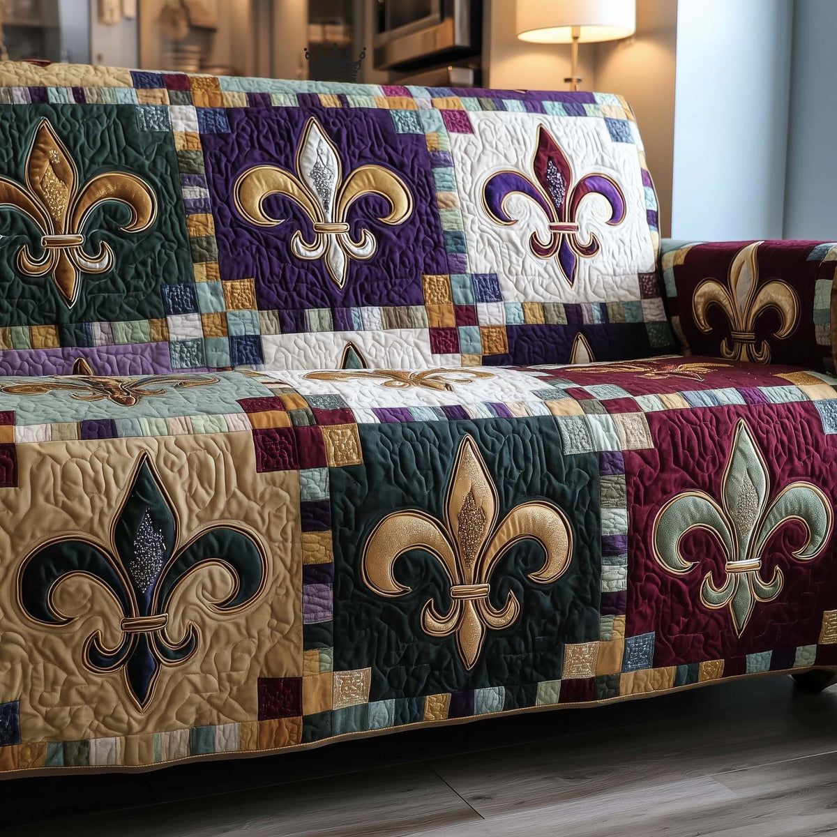 Golden Fleur de Lis on Tan Squares Sofa Cover