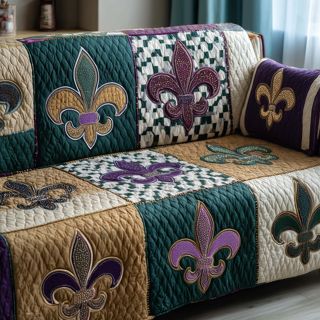 Purple Fleur de Lis with Checkerboard Sofa Cover