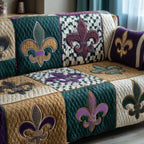 Purple Fleur de Lis with Checkerboard Sofa Cover