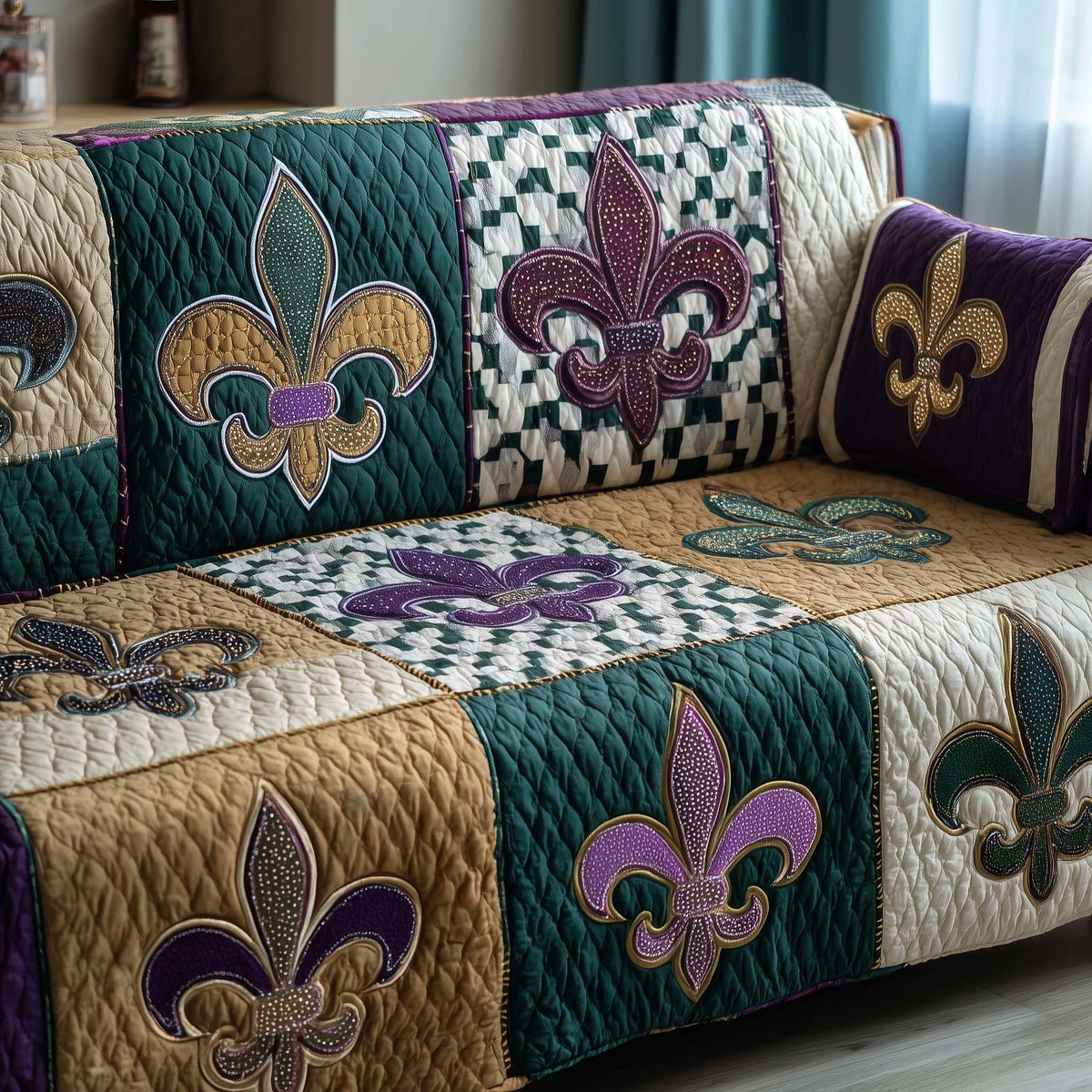 Purple Fleur de Lis with Checkerboard Sofa Cover
