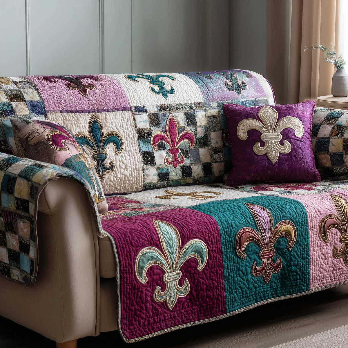 Fleur de Lis on Pink and Teal Patches Sofa Cover