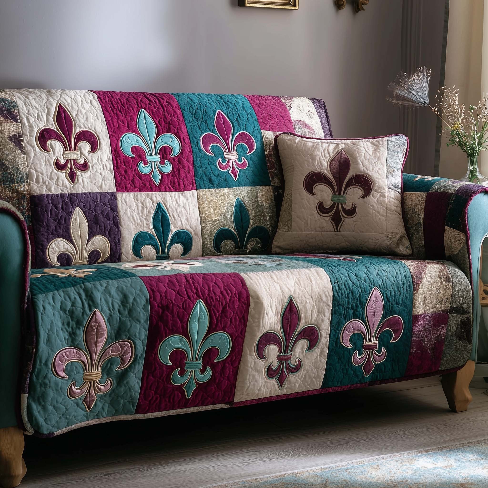 Fleur de Lis on Blue and Purple Squares Sofa Cover