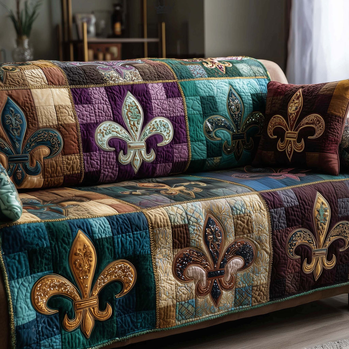 Fleur de Lis on Teal and Red Patchwork Sofa Cover