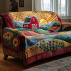 Red Barn Above Sunflower Fields Sofa Cover