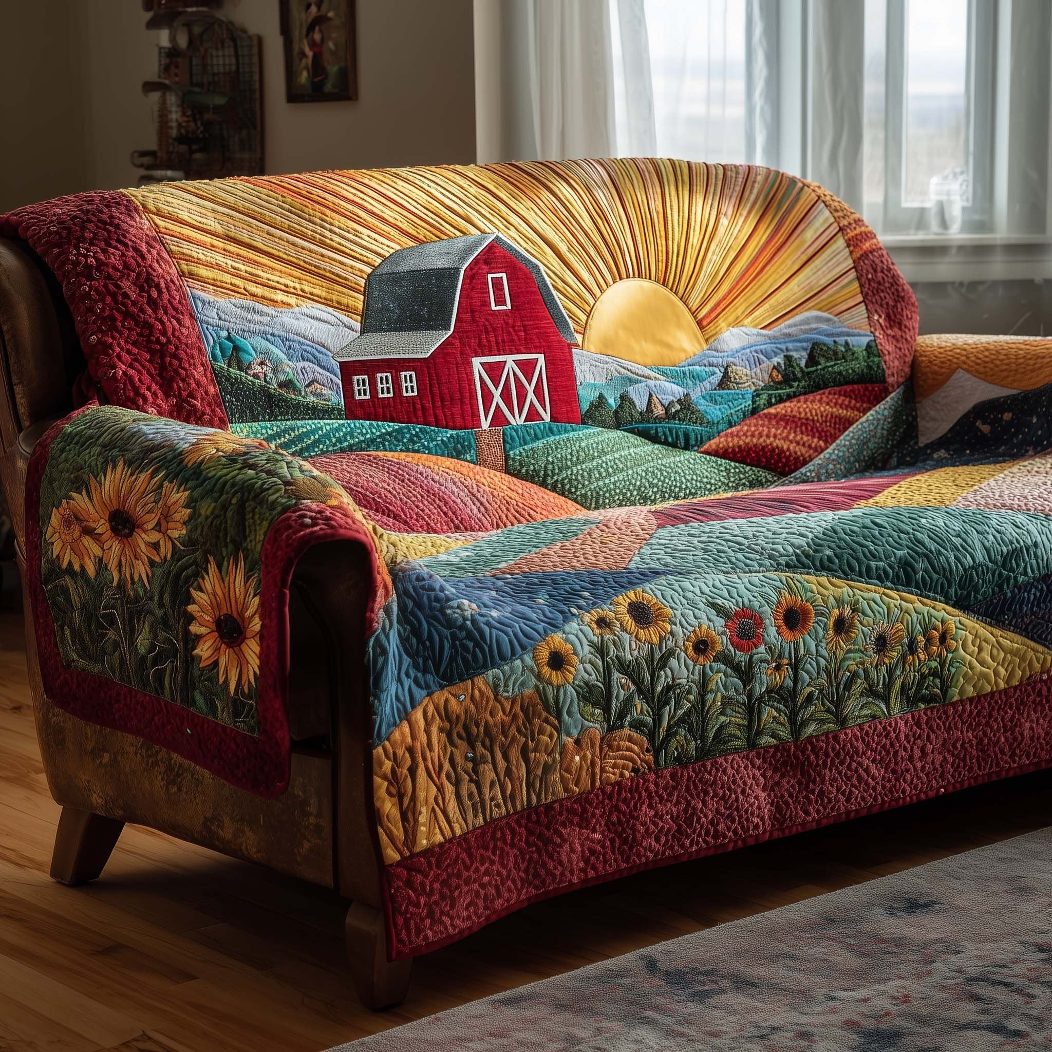 Red Barn Above Sunflower Fields Sofa Cover
