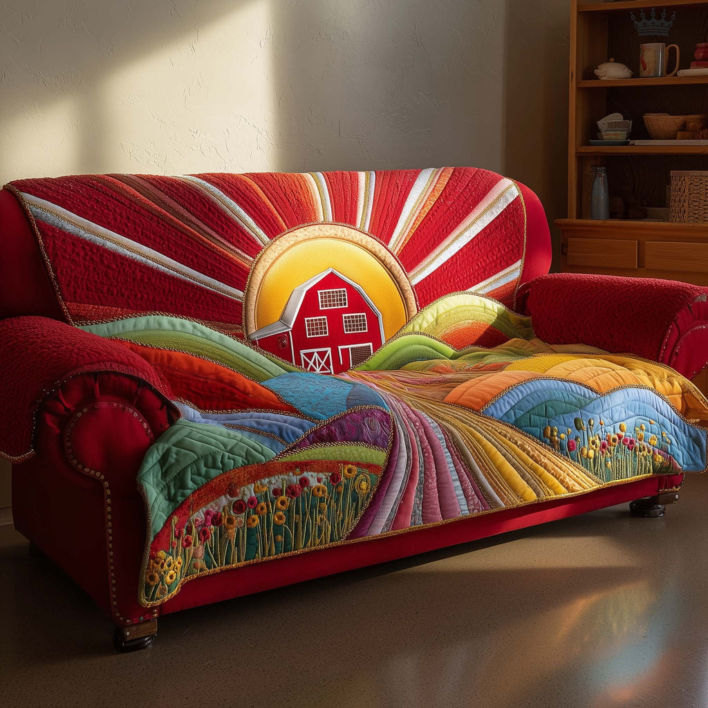 Red Barn Under a Bright Sunburst Sofa Cover