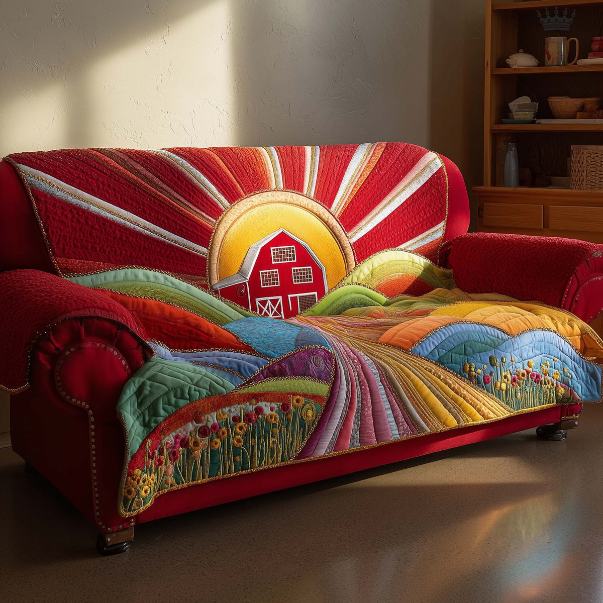 Red Barn Under a Bright Sunburst Sofa Cover