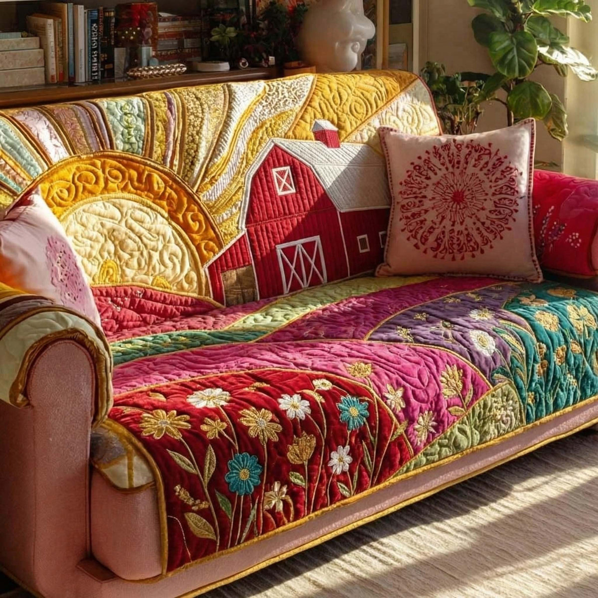 Red Barn and Golden Sun with Flowers Sofa Cover