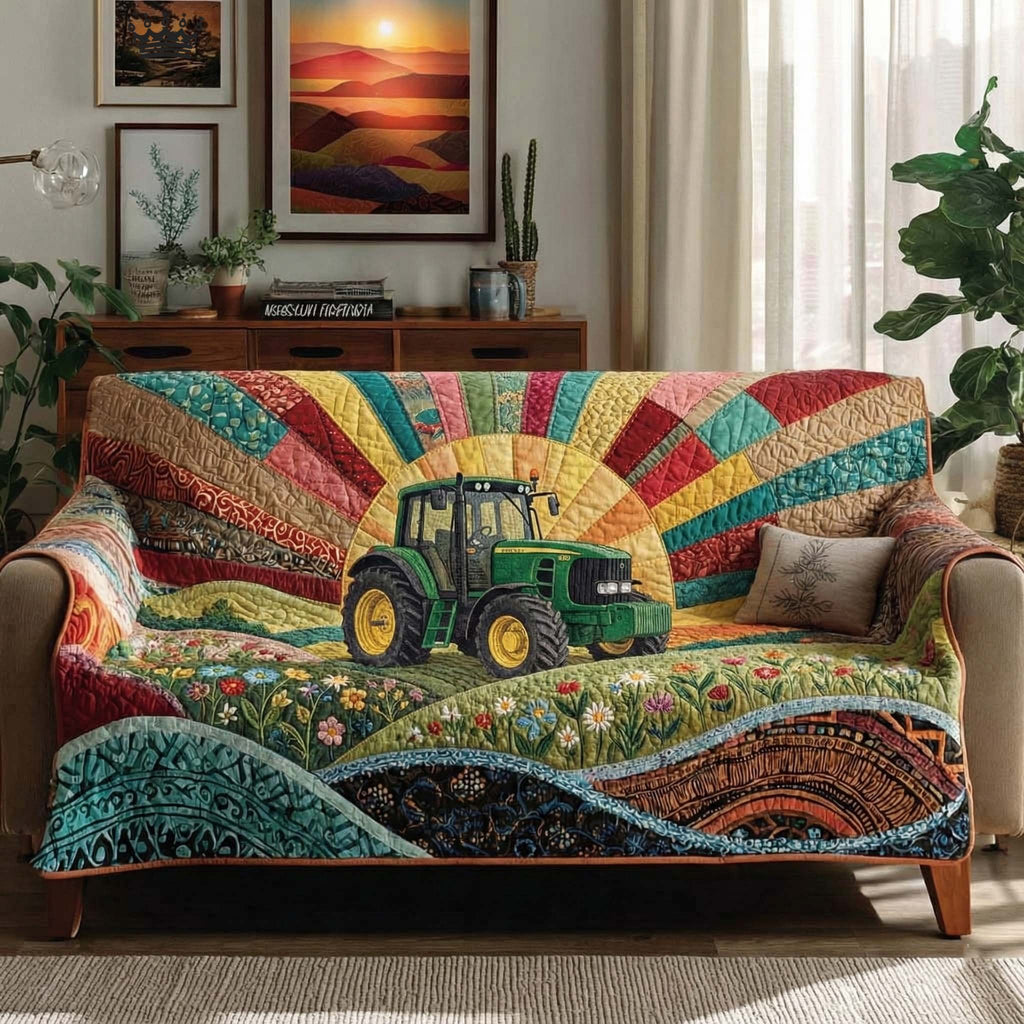 Green Tractor Under a Quilted Sunburst Sofa Cover