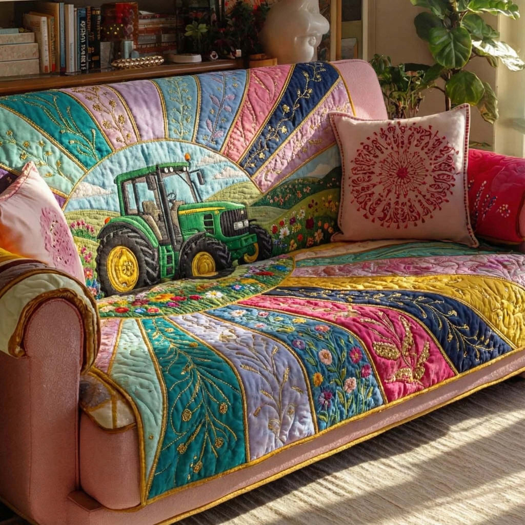 Green Tractor on the Flower Hillside Sofa Cover