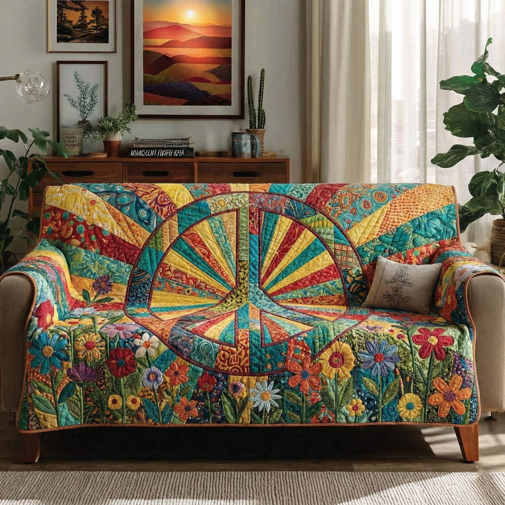 Peace Sign Over a Flower Meadow Sofa Cover