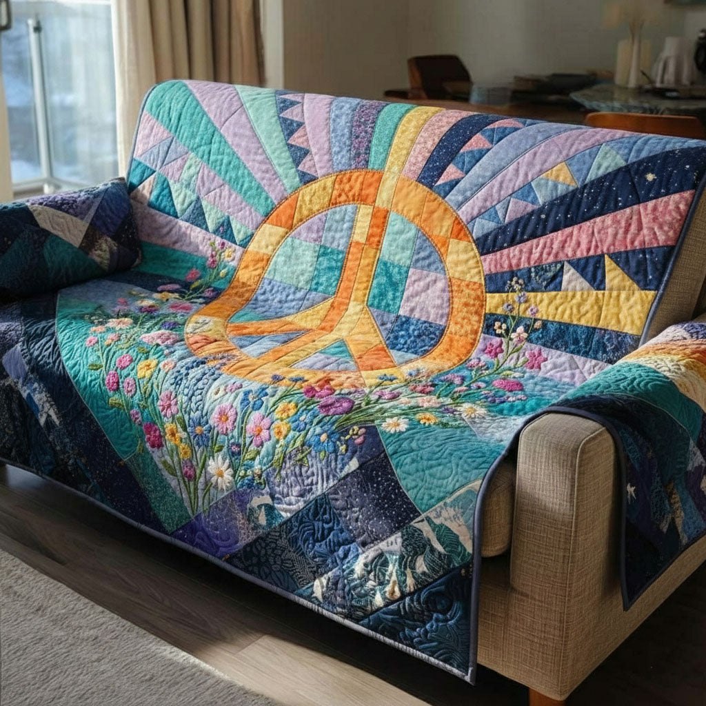 Blue Peace Sign with Wildflowers Sofa Cover