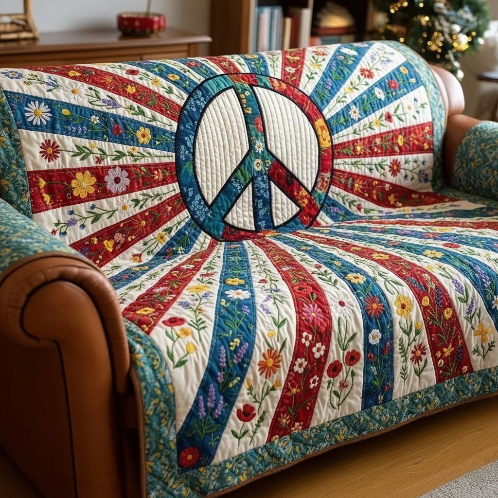 Peace Sign with Flowers on Stripes Sofa Cover