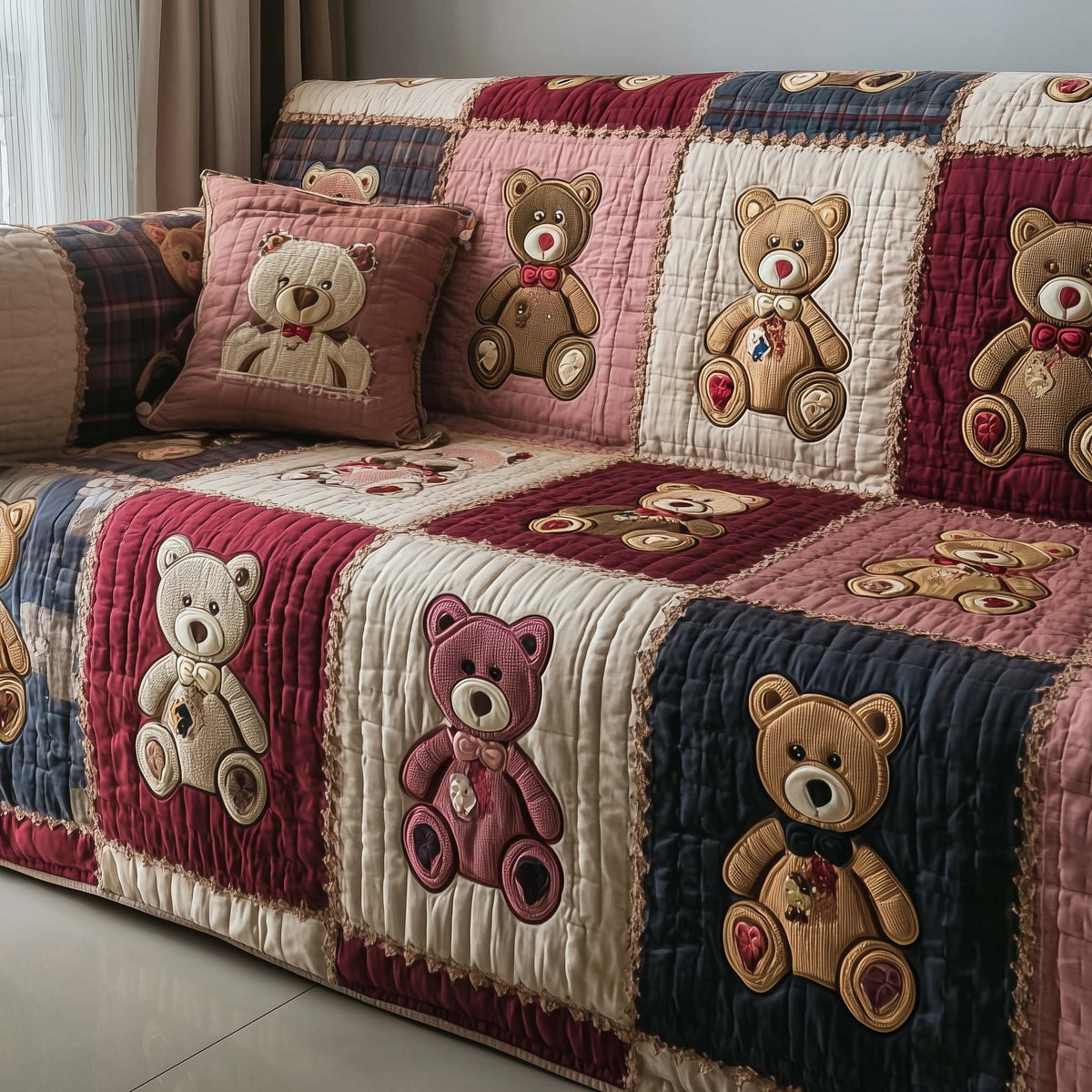 Teddy Bears on Cream and Red Patches Sofa Cover