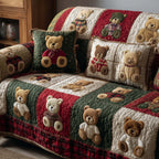 Teddy Bears on Green and Red Squares Sofa Cover