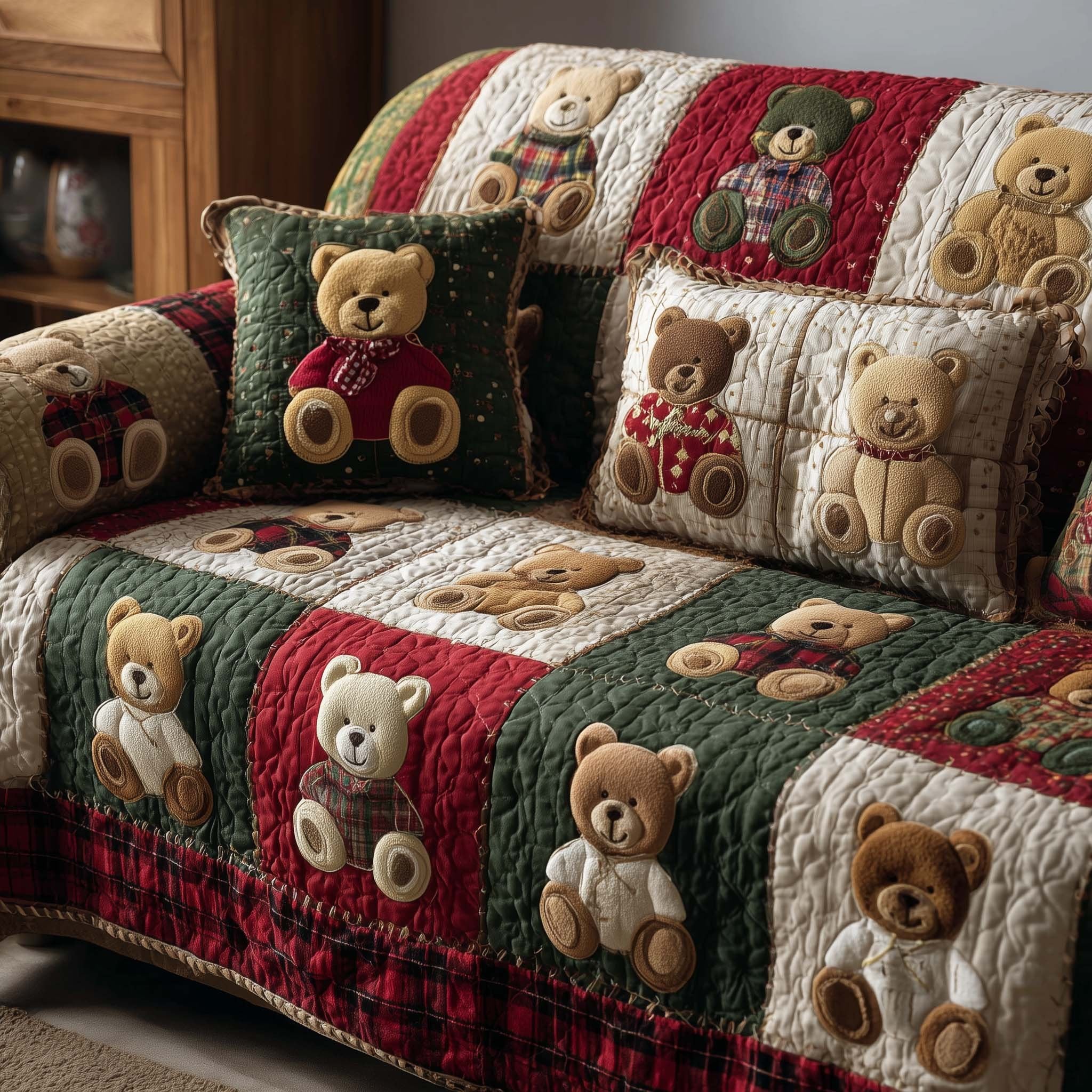 Teddy Bears on Green and Red Squares Sofa Cover