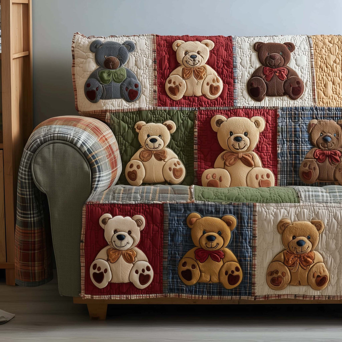 Teddy Bears on Red and Green Plaid Sofa Cover