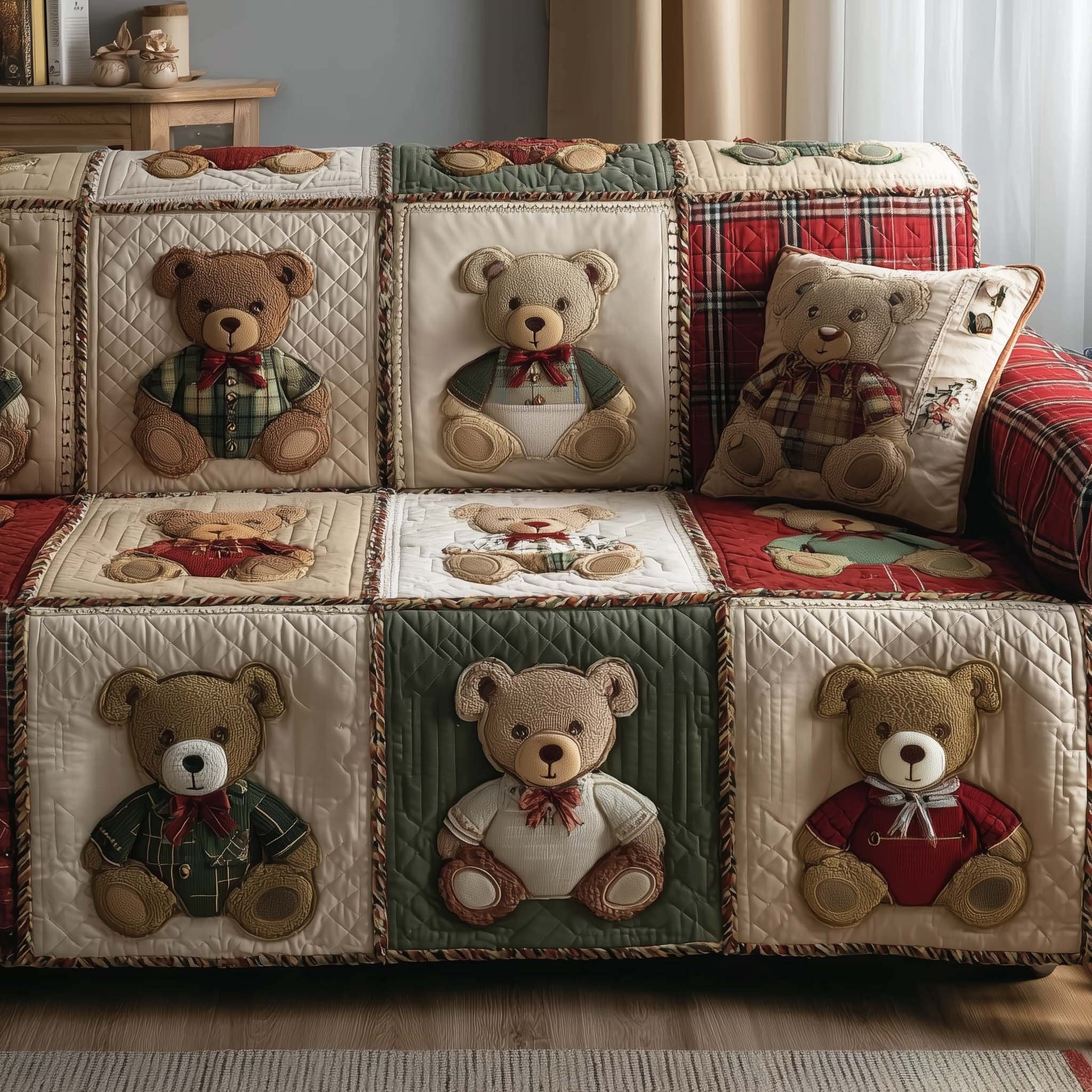 Teddy Bears with Bow Ties on Green Sofa Cover