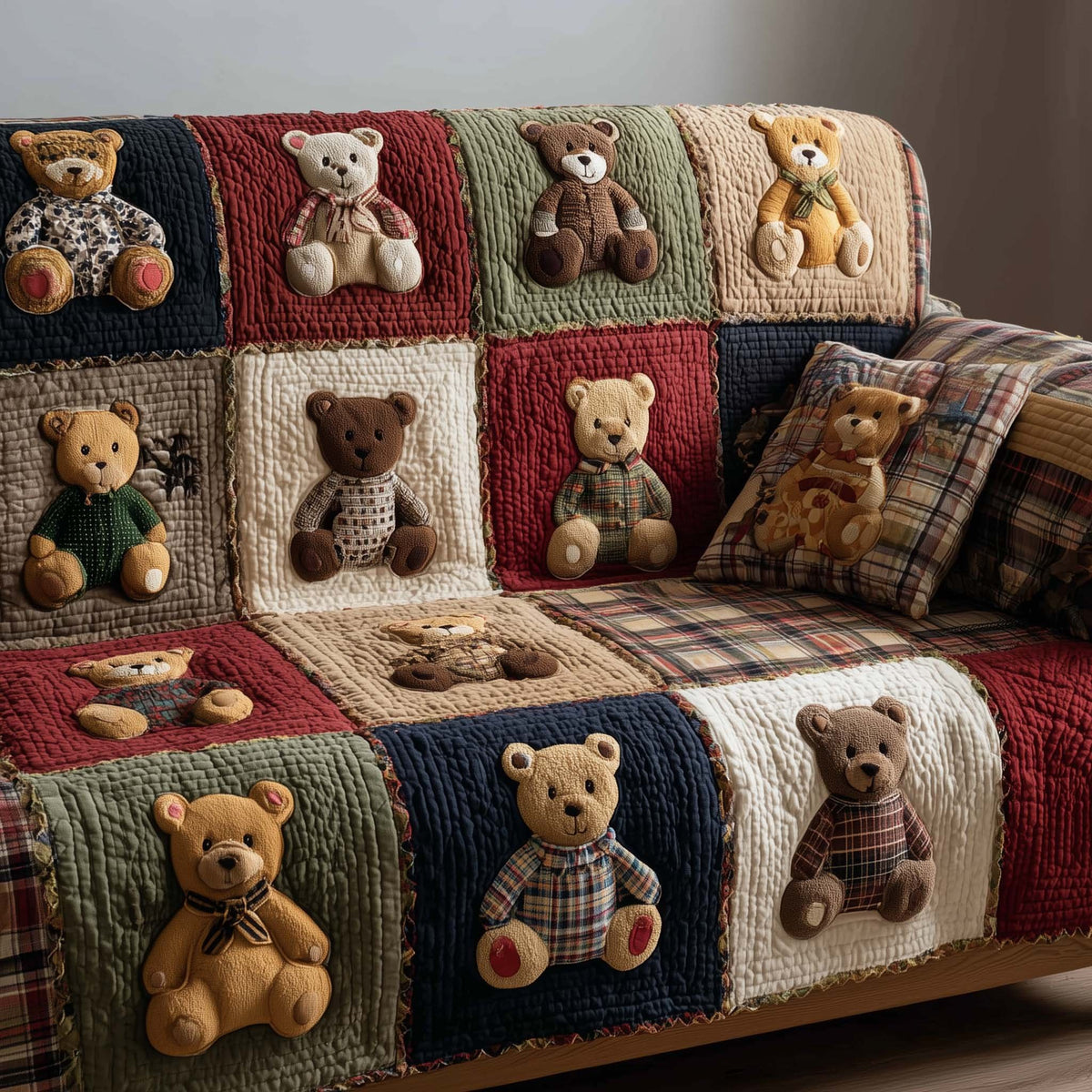 Teddy Bears on Navy and Red Patches Sofa Cover