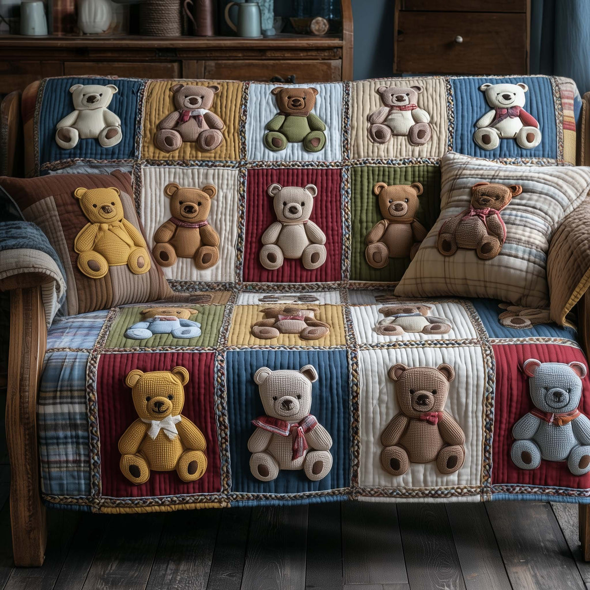 Teddy Bears on Blue and Cream Squares Sofa Cover