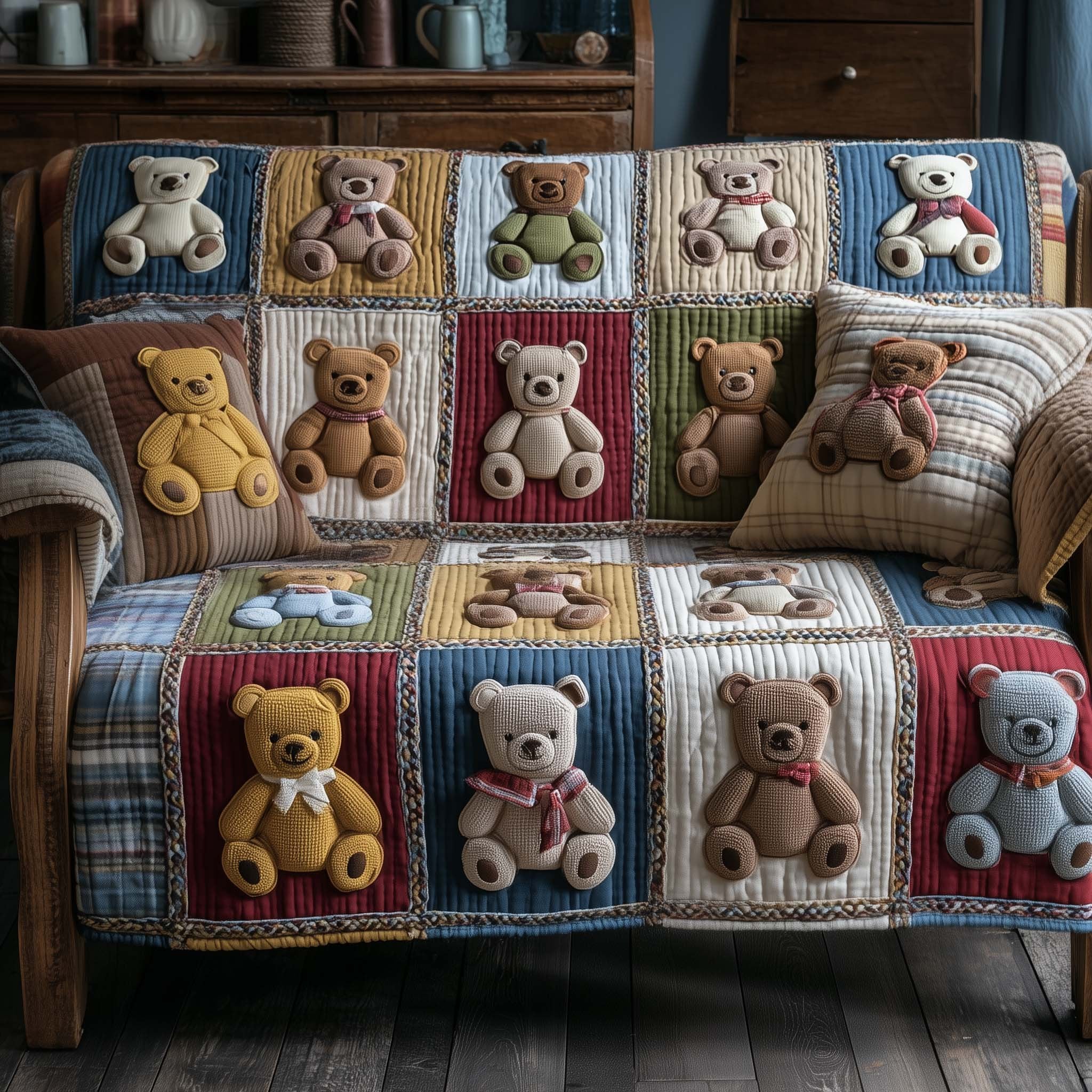 Teddy Bears on Blue and Cream Squares Sofa Cover