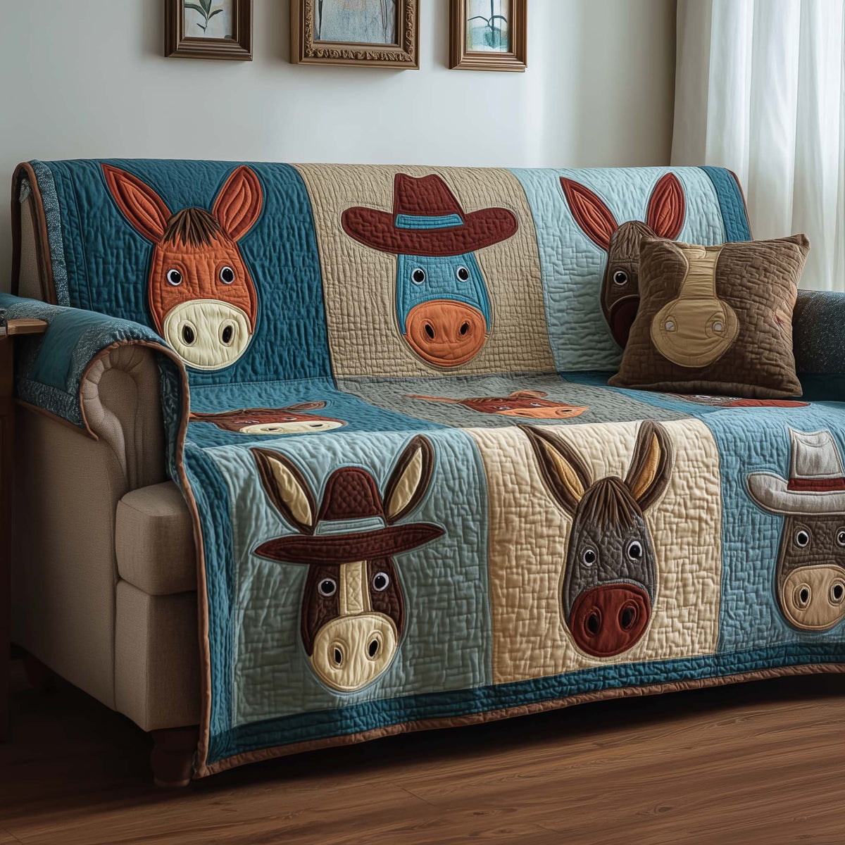 Donkey Faces on Blue and Cream Sofa Cover